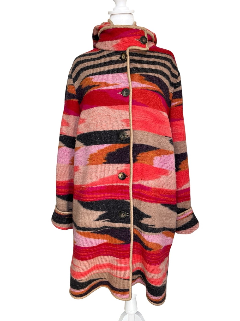 RARE Vintage Missoni Striped Wool Sweater Coat Red Pink Long With Hood 48 L XL